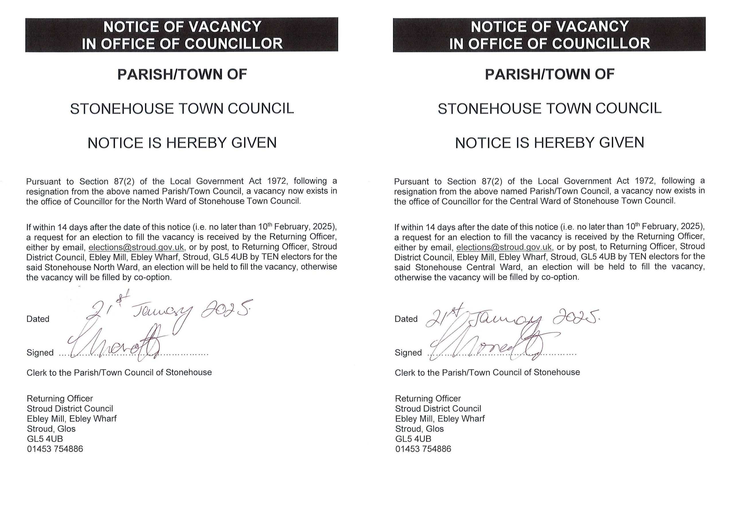 STC Notice of Vacancy North and Central Ward Jan 2025